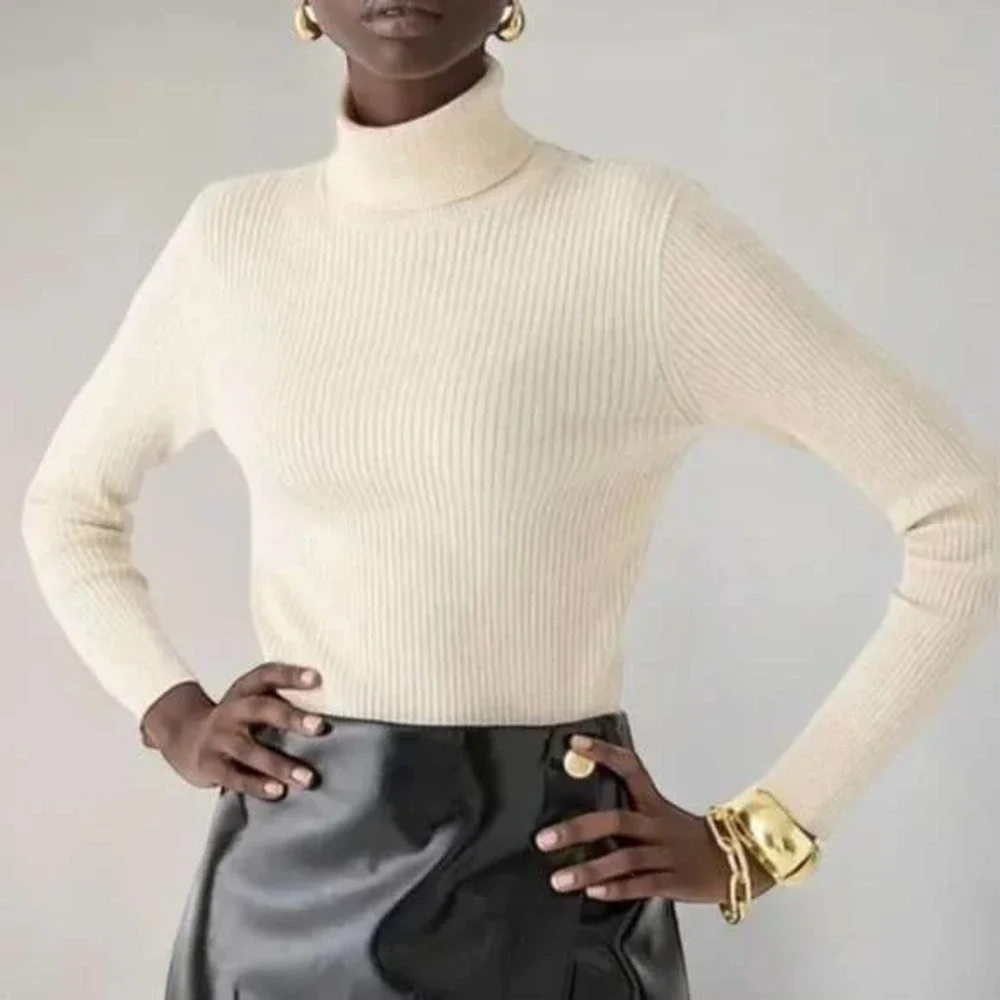 J. Crew Womens Ribbed Tencel Turtle Neck Sweater Size XL Ivory Classic Timeless‎
